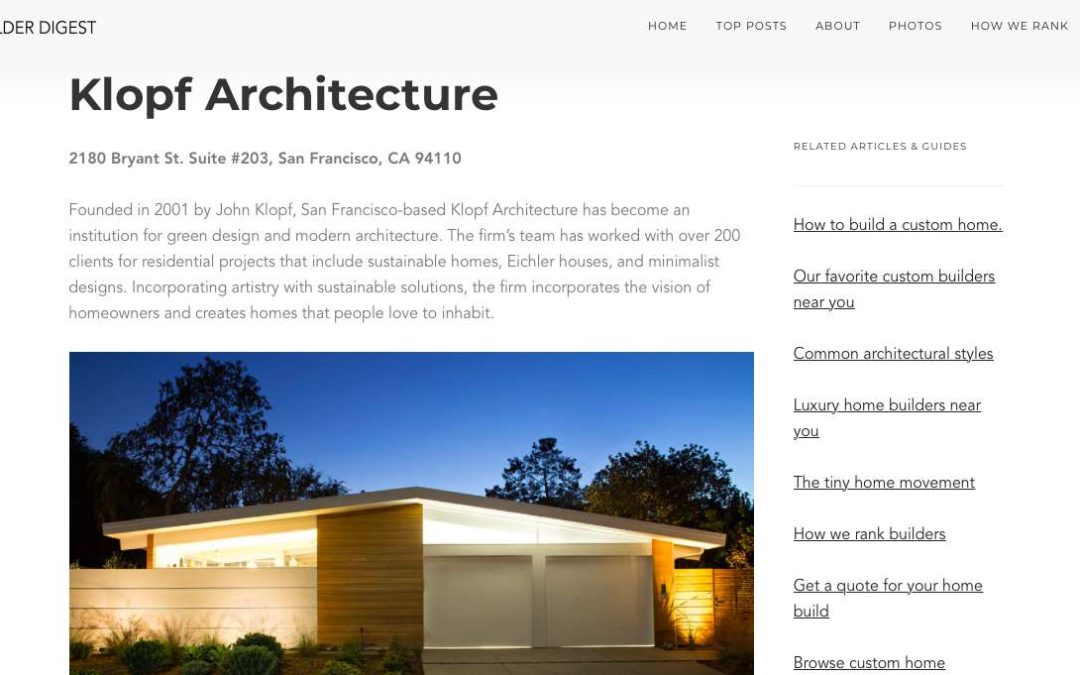 Klopf Architecture included in The Best Residential Architects in Palo Alto, California by Home Builder Digest