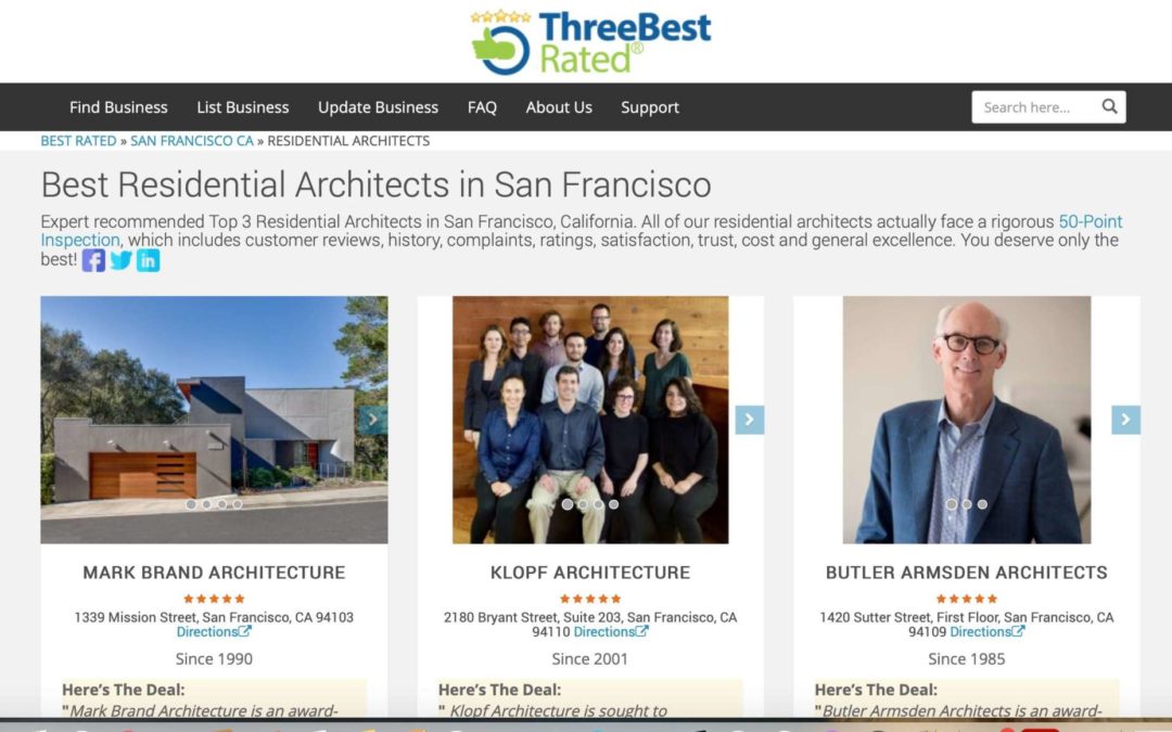 Three Best Rated includes Klopf Architecture – “3 Best Residential Architects in San Francisco”